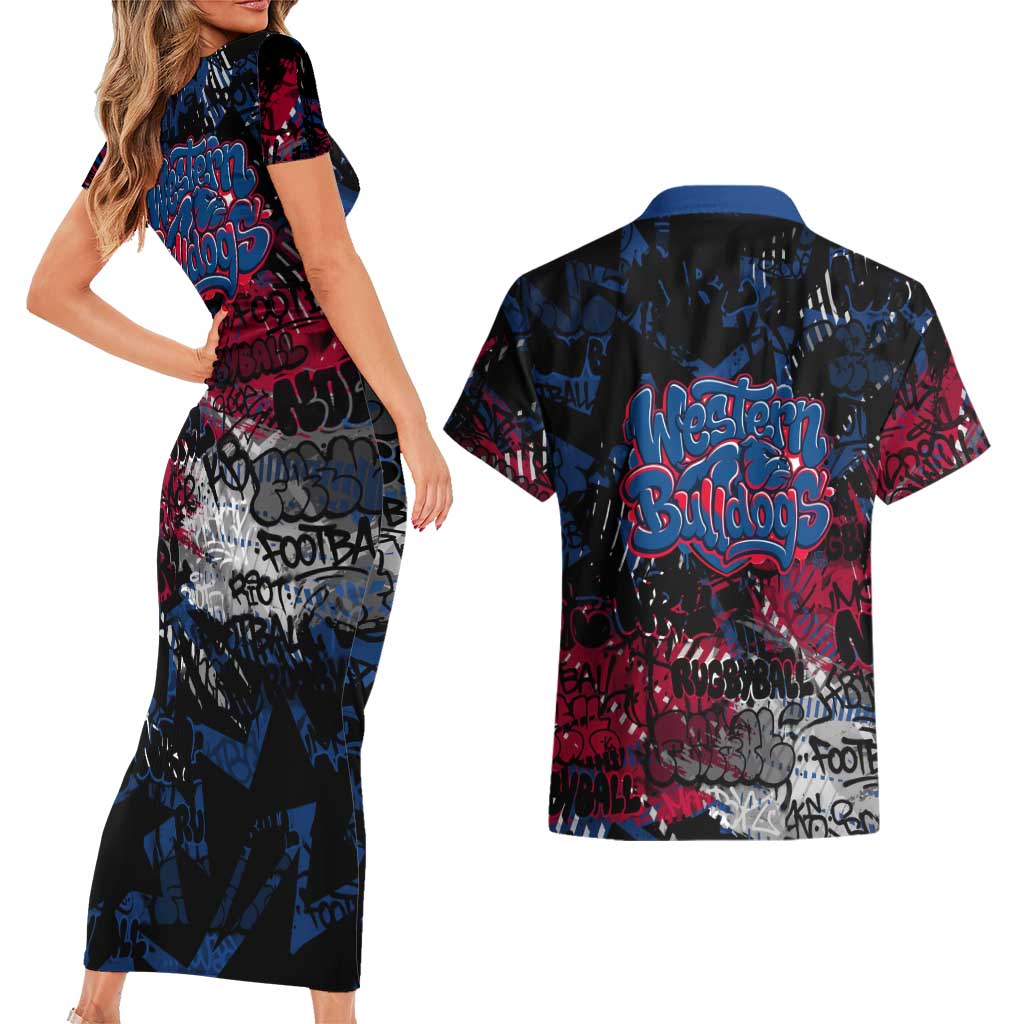 Western Bulldogs Couples Matching Short Sleeve Bodycon Dress and Hawaiian Shirt Urban Graffiti Street Art - Bold Abstract Spray Paint