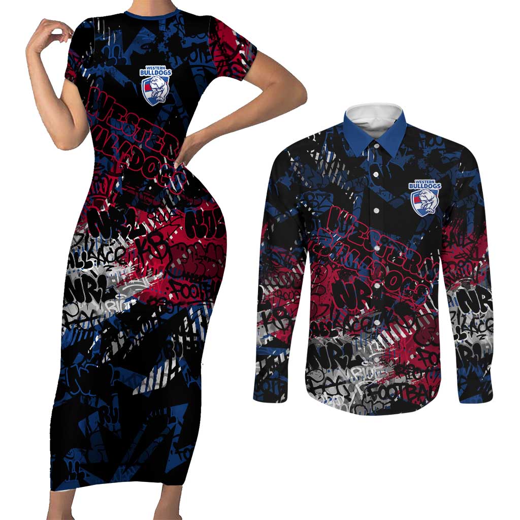 Western Bulldogs Couples Matching Short Sleeve Bodycon Dress and Long Sleeve Button Shirt Urban Graffiti Street Art - Bold Abstract Spray Paint