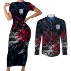 Western Bulldogs Couples Matching Short Sleeve Bodycon Dress and Long Sleeve Button Shirt Urban Graffiti Street Art - Bold Abstract Spray Paint