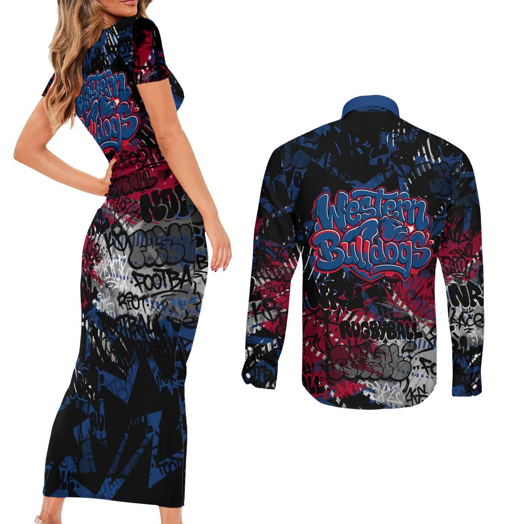 Western Bulldogs Couples Matching Short Sleeve Bodycon Dress and Long Sleeve Button Shirt Urban Graffiti Street Art - Bold Abstract Spray Paint
