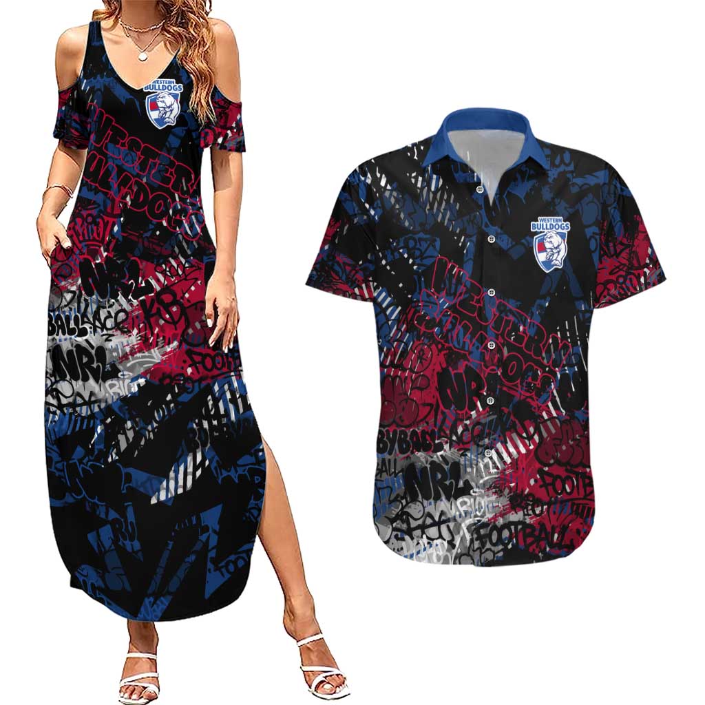 Western Bulldogs Couples Matching Summer Maxi Dress and Hawaiian Shirt Urban Graffiti Street Art - Bold Abstract Spray Paint