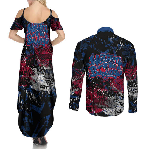Western Bulldogs Couples Matching Summer Maxi Dress and Long Sleeve Button Shirt Urban Graffiti Street Art - Bold Abstract Spray Paint