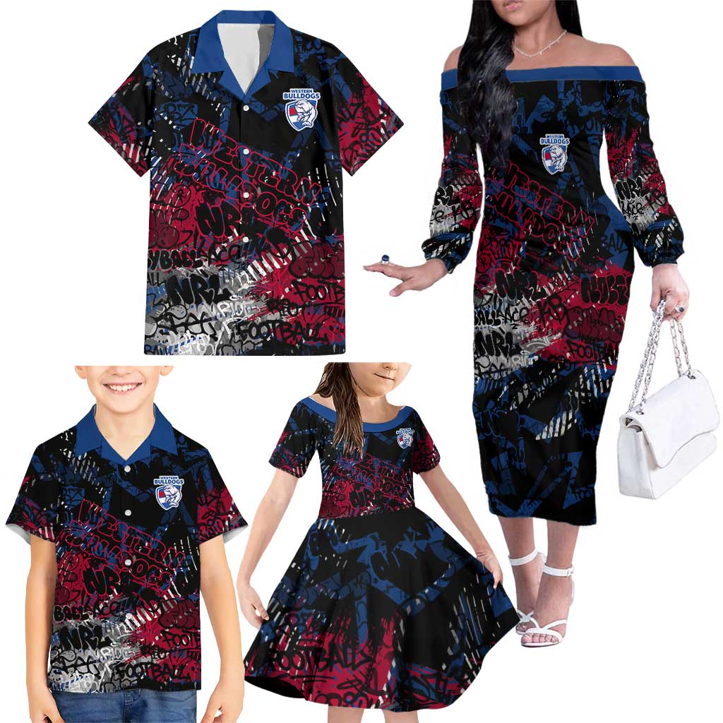 Western Bulldogs Family Matching Off The Shoulder Long Sleeve Dress and Hawaiian Shirt Urban Graffiti Street Art - Bold Abstract Spray Paint