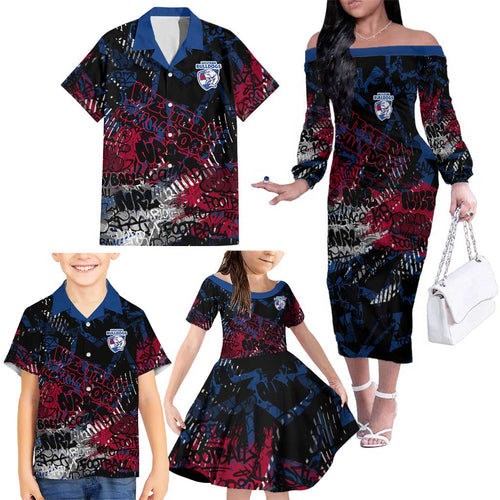 Western Bulldogs Family Matching Off The Shoulder Long Sleeve Dress and Hawaiian Shirt Urban Graffiti Street Art - Bold Abstract Spray Paint