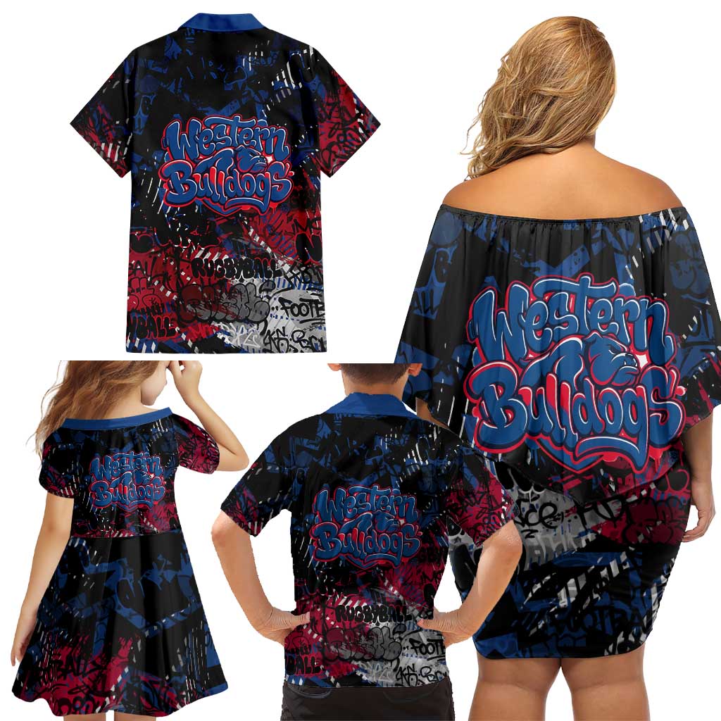 Western Bulldogs Family Matching Off Shoulder Short Dress and Hawaiian Shirt Urban Graffiti Street Art - Bold Abstract Spray Paint