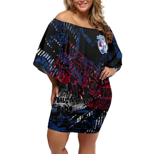 Western Bulldogs Family Matching Off Shoulder Short Dress and Hawaiian Shirt Urban Graffiti Street Art - Bold Abstract Spray Paint