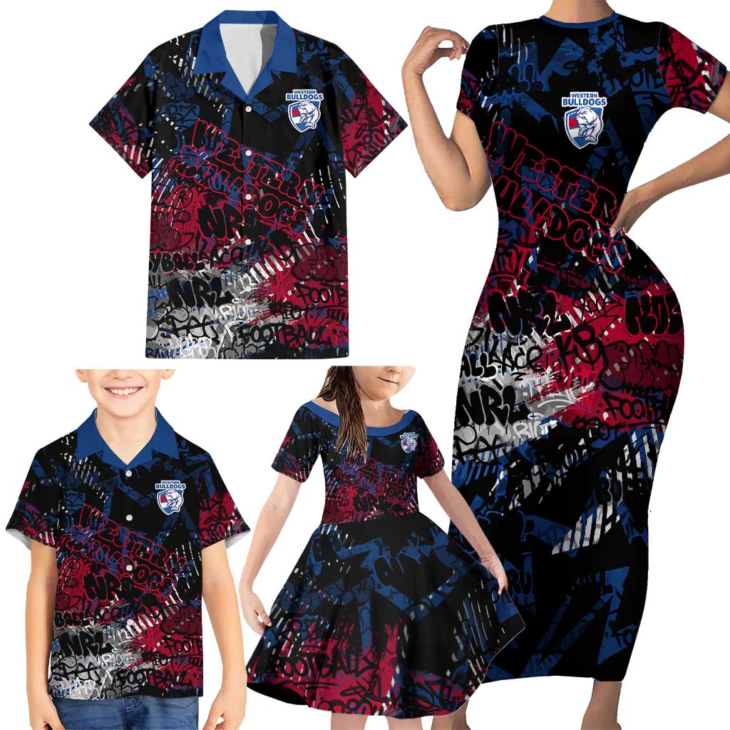 Western Bulldogs Family Matching Short Sleeve Bodycon Dress and Hawaiian Shirt Urban Graffiti Street Art - Bold Abstract Spray Paint