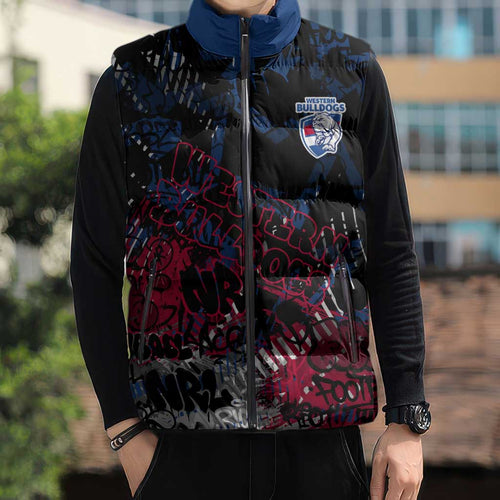 Western Bulldogs Sleeveless Puffer Jacket Urban Graffiti Street Art - Bold Abstract Spray Paint