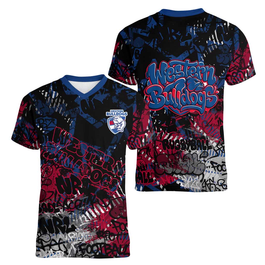 Western Bulldogs Women V-Neck T-Shirt Urban Graffiti Street Art - Bold Abstract Spray Paint
