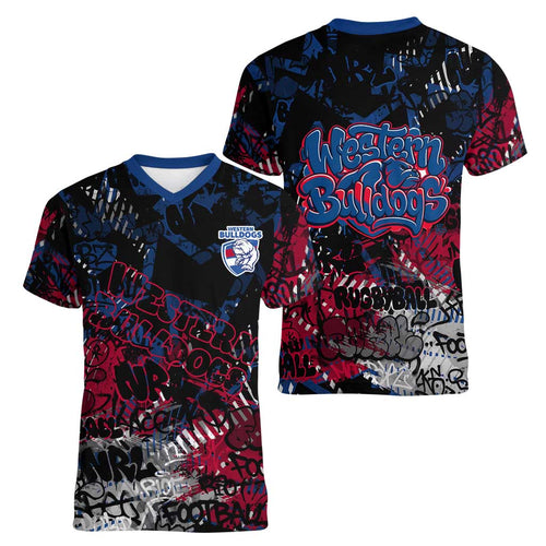 Western Bulldogs Women V-Neck T-Shirt Urban Graffiti Street Art - Bold Abstract Spray Paint
