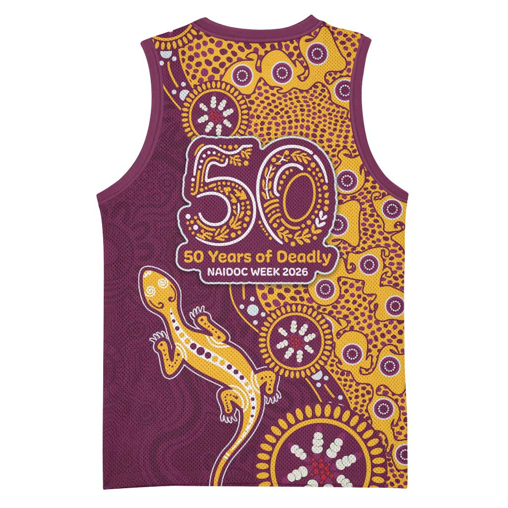 Brisbane Broncos NAIDOC Week 2026 Basketball Jersey Aboriginal Lizard Dot Painting - 50 Years of Deadly