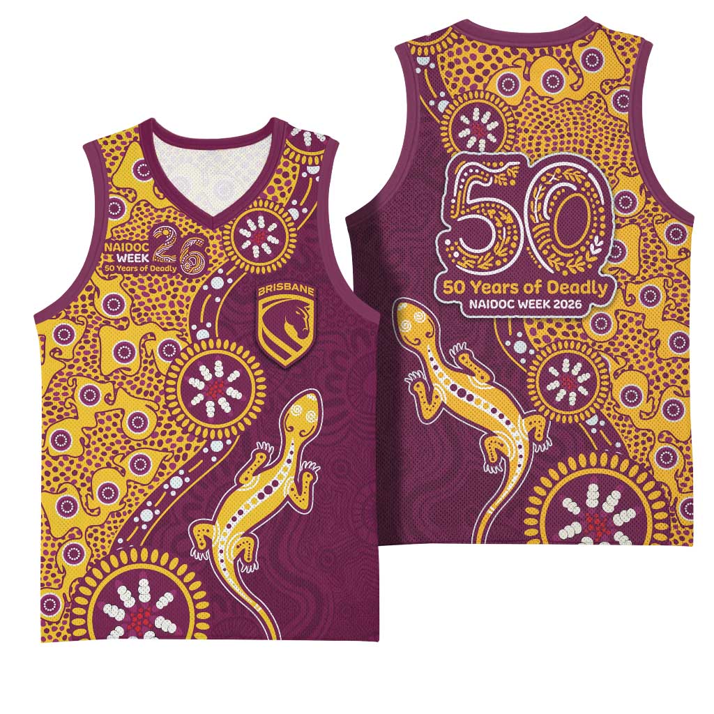 Brisbane Broncos NAIDOC Week 2026 Basketball Jersey Aboriginal Lizard Dot Painting - 50 Years of Deadly