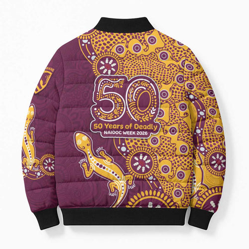 Brisbane Broncos NAIDOC Week 2026 Bomber Puffer Jacket Aboriginal Lizard Dot Painting - 50 Years of Deadly
