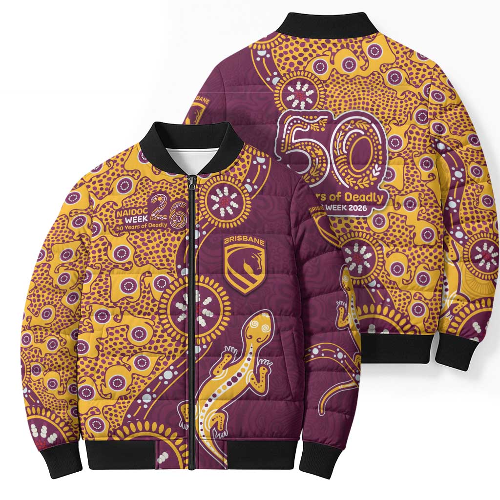Brisbane Broncos NAIDOC Week 2026 Bomber Puffer Jacket Aboriginal Lizard Dot Painting - 50 Years of Deadly