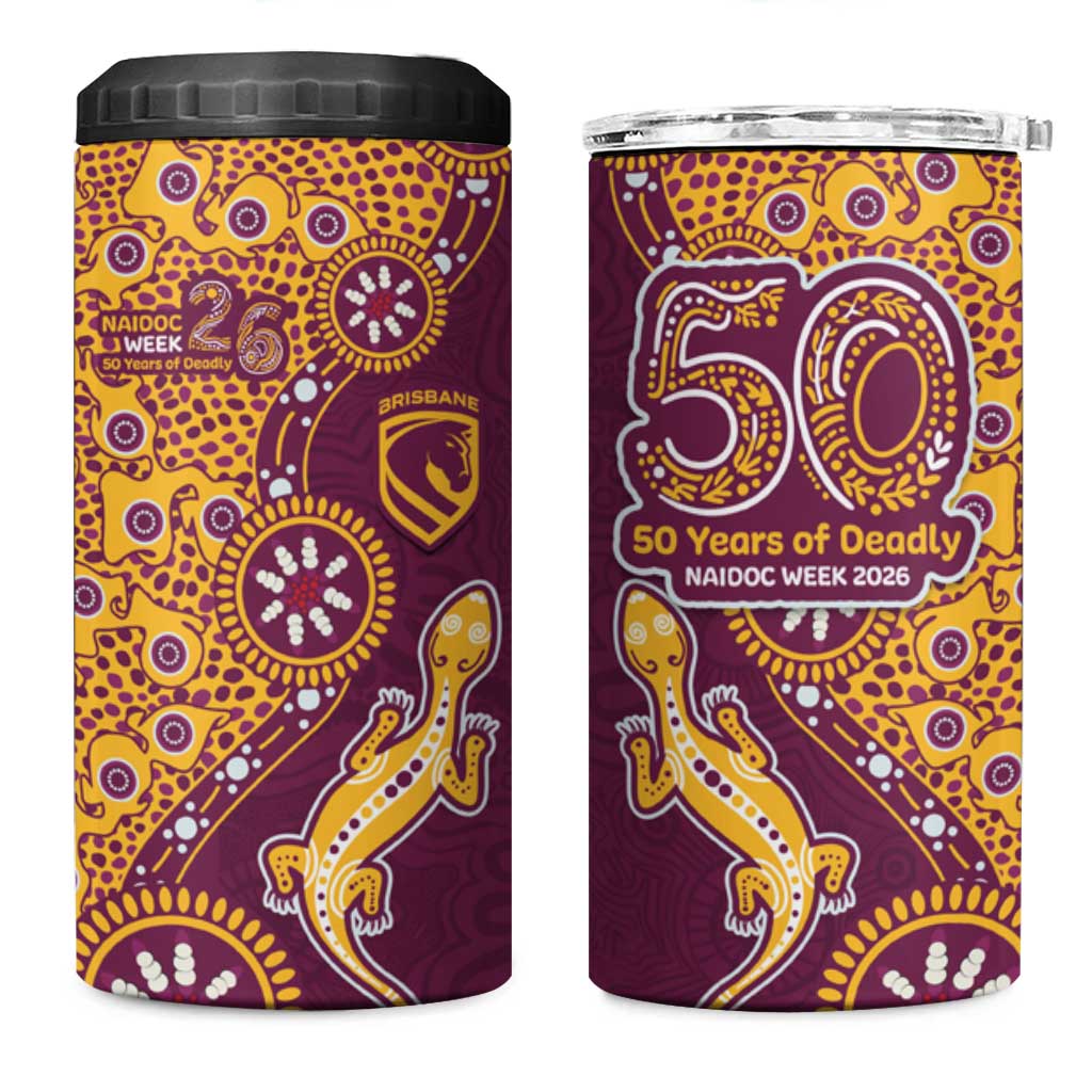 Brisbane Broncos NAIDOC Week 2026 4 in 1 Can Cooler Tumbler Aboriginal Lizard Dot Painting - 50 Years of Deadly