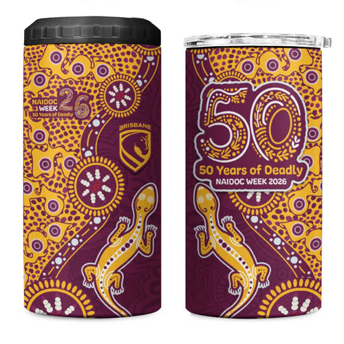 Brisbane Broncos NAIDOC Week 2026 4 in 1 Can Cooler Tumbler Aboriginal Lizard Dot Painting - 50 Years of Deadly