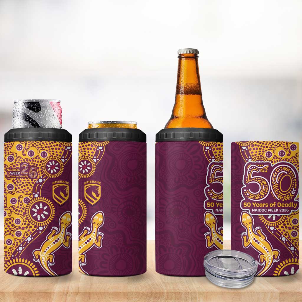 Brisbane Broncos NAIDOC Week 2026 4 in 1 Can Cooler Tumbler Aboriginal Lizard Dot Painting - 50 Years of Deadly