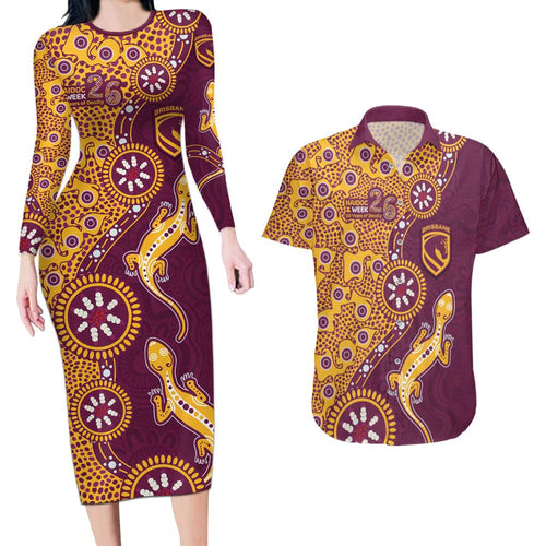 Brisbane Broncos NAIDOC Week 2026 Couples Matching Long Sleeve Bodycon Dress and Hawaiian Shirt Aboriginal Lizard Dot Painting - 50 Years of Deadly