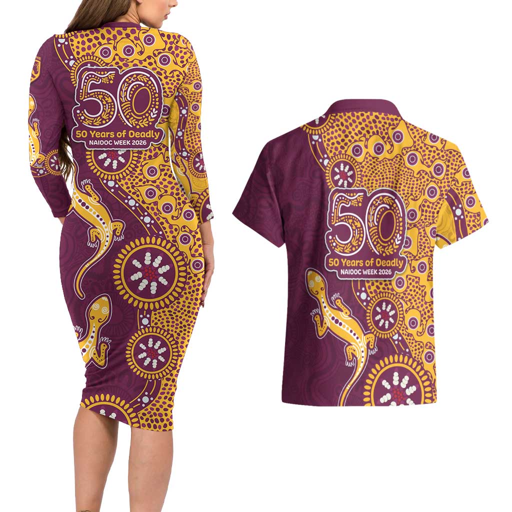 Brisbane Broncos NAIDOC Week 2026 Couples Matching Long Sleeve Bodycon Dress and Hawaiian Shirt Aboriginal Lizard Dot Painting - 50 Years of Deadly