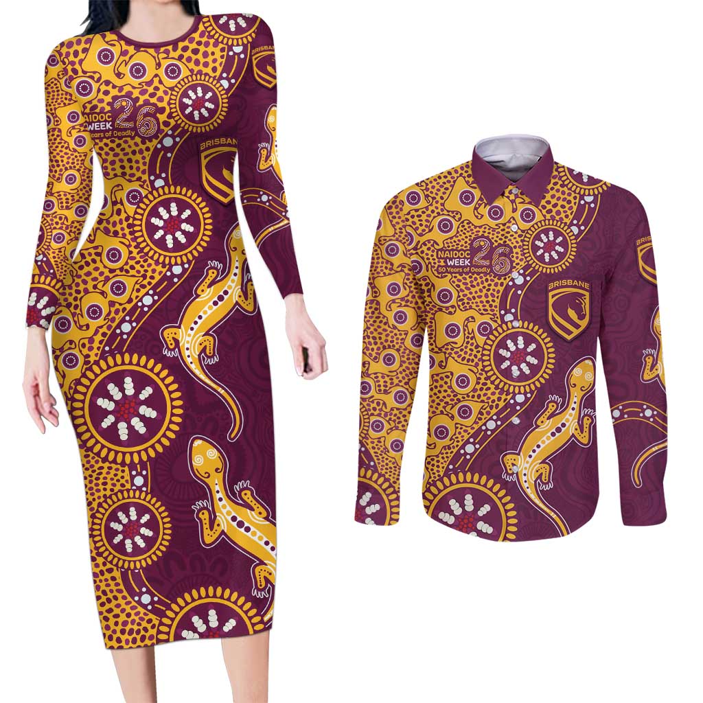 Brisbane Broncos NAIDOC Week 2026 Couples Matching Long Sleeve Bodycon Dress and Long Sleeve Button Shirt Aboriginal Lizard Dot Painting - 50 Years of Deadly