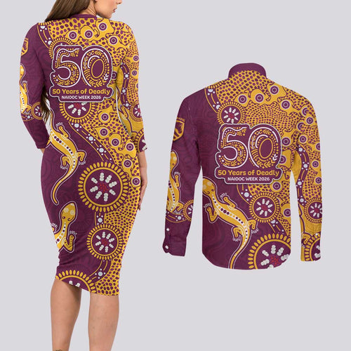 Brisbane Broncos NAIDOC Week 2026 Couples Matching Long Sleeve Bodycon Dress and Long Sleeve Button Shirt Aboriginal Lizard Dot Painting - 50 Years of Deadly