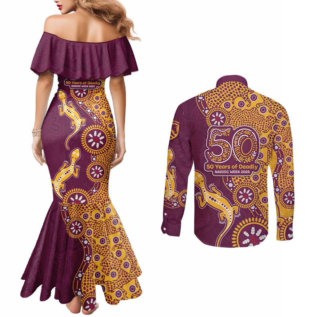 Brisbane Broncos NAIDOC Week 2026 Couples Matching Mermaid Dress and Long Sleeve Button Shirt Aboriginal Lizard Dot Painting - 50 Years of Deadly