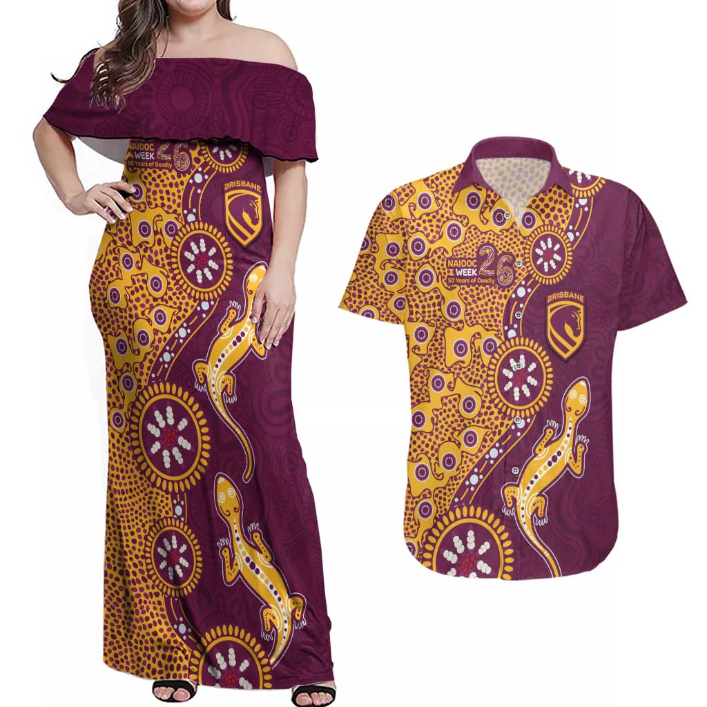 Brisbane Broncos NAIDOC Week 2026 Couples Matching Off Shoulder Maxi Dress and Hawaiian Shirt Aboriginal Lizard Dot Painting - 50 Years of Deadly