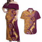 Brisbane Broncos NAIDOC Week 2026 Couples Matching Off Shoulder Maxi Dress and Hawaiian Shirt Aboriginal Lizard Dot Painting - 50 Years of Deadly