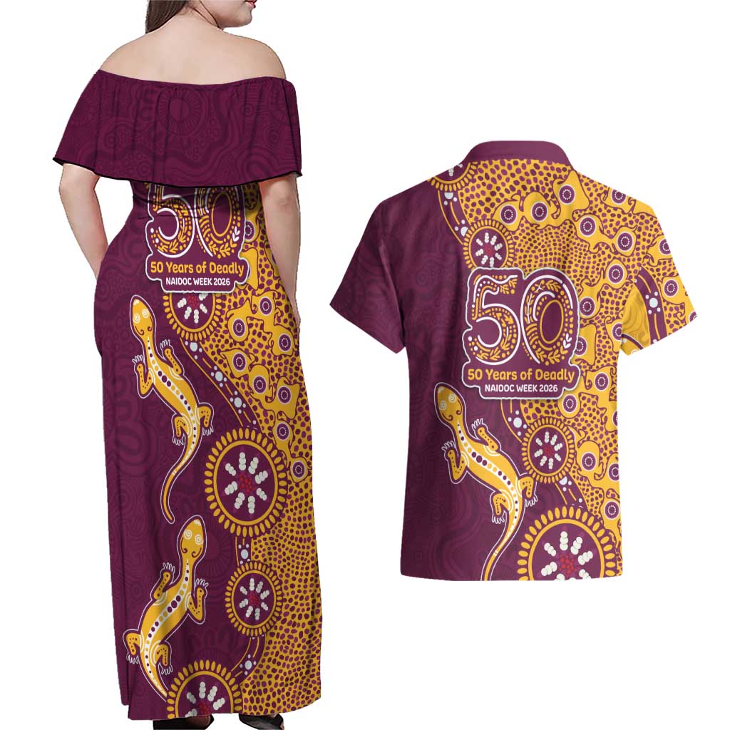 Brisbane Broncos NAIDOC Week 2026 Couples Matching Off Shoulder Maxi Dress and Hawaiian Shirt Aboriginal Lizard Dot Painting - 50 Years of Deadly