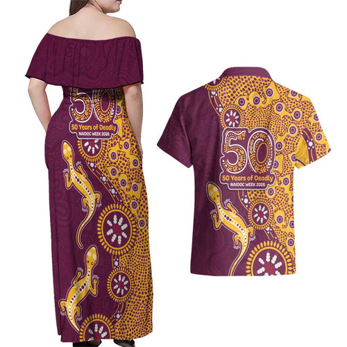 Brisbane Broncos NAIDOC Week 2026 Couples Matching Off Shoulder Maxi Dress and Hawaiian Shirt Aboriginal Lizard Dot Painting - 50 Years of Deadly