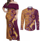 Brisbane Broncos NAIDOC Week 2026 Couples Matching Off Shoulder Maxi Dress and Long Sleeve Button Shirt Aboriginal Lizard Dot Painting - 50 Years of Deadly