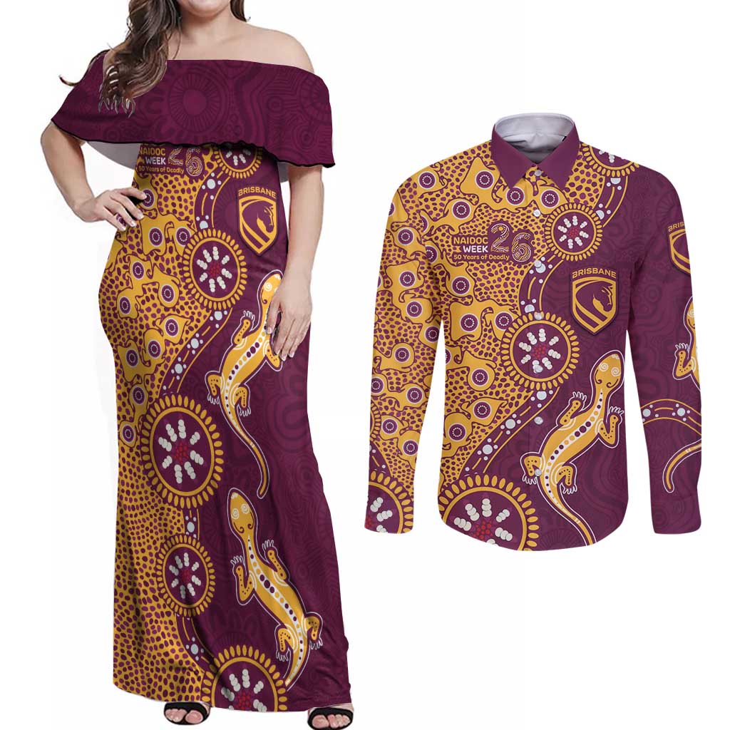 Brisbane Broncos NAIDOC Week 2026 Couples Matching Off Shoulder Maxi Dress and Long Sleeve Button Shirt Aboriginal Lizard Dot Painting - 50 Years of Deadly
