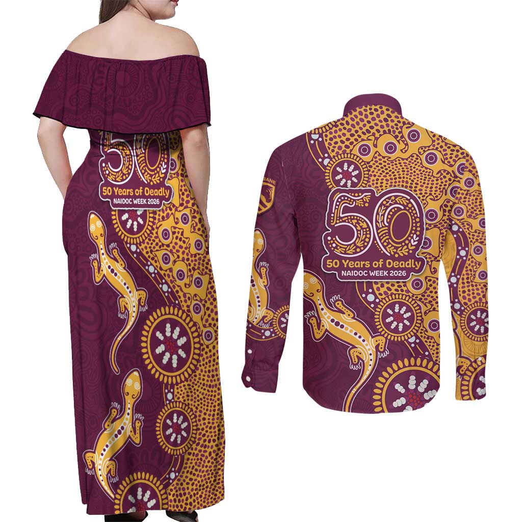 Brisbane Broncos NAIDOC Week 2026 Couples Matching Off Shoulder Maxi Dress and Long Sleeve Button Shirt Aboriginal Lizard Dot Painting - 50 Years of Deadly