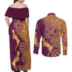 Brisbane Broncos NAIDOC Week 2026 Couples Matching Off Shoulder Maxi Dress and Long Sleeve Button Shirt Aboriginal Lizard Dot Painting - 50 Years of Deadly