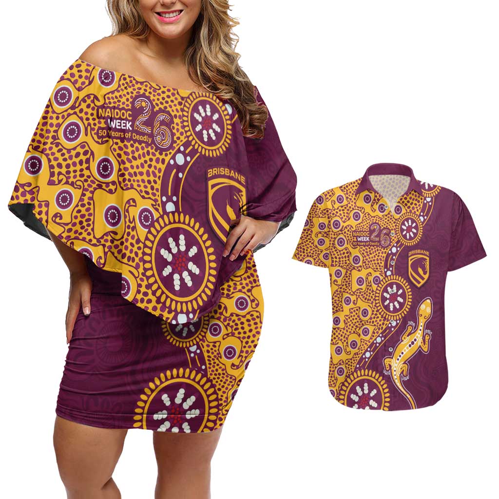 Brisbane Broncos NAIDOC Week 2026 Couples Matching Off Shoulder Short Dress and Hawaiian Shirt Aboriginal Lizard Dot Painting - 50 Years of Deadly