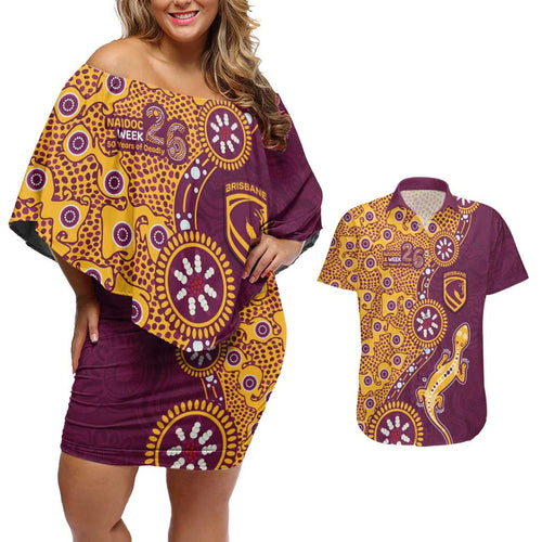Brisbane Broncos NAIDOC Week 2026 Couples Matching Off Shoulder Short Dress and Hawaiian Shirt Aboriginal Lizard Dot Painting - 50 Years of Deadly