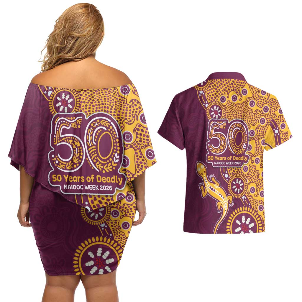 Brisbane Broncos NAIDOC Week 2026 Couples Matching Off Shoulder Short Dress and Hawaiian Shirt Aboriginal Lizard Dot Painting - 50 Years of Deadly