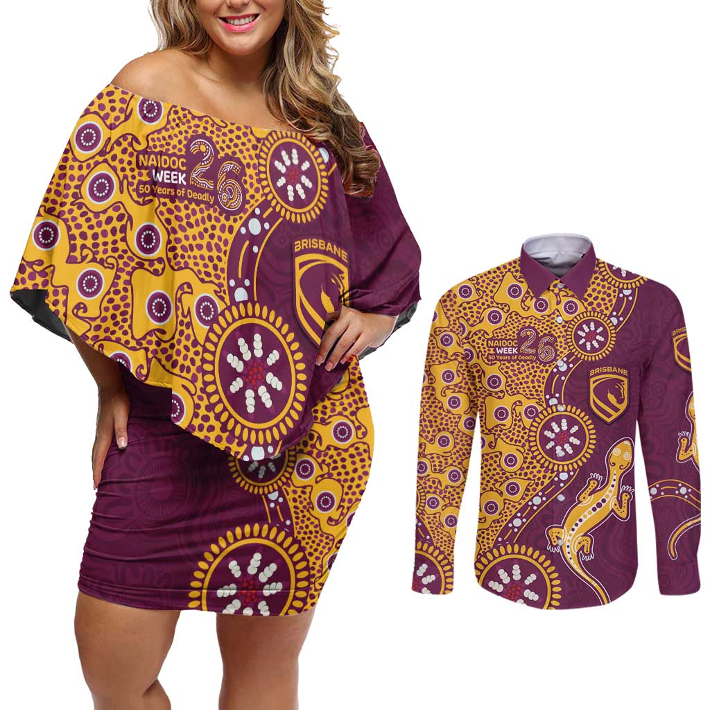 Brisbane Broncos NAIDOC Week 2026 Couples Matching Off Shoulder Short Dress and Long Sleeve Button Shirt Aboriginal Lizard Dot Painting - 50 Years of Deadly