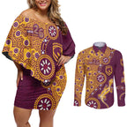 Brisbane Broncos NAIDOC Week 2026 Couples Matching Off Shoulder Short Dress and Long Sleeve Button Shirt Aboriginal Lizard Dot Painting - 50 Years of Deadly