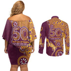 Brisbane Broncos NAIDOC Week 2026 Couples Matching Off Shoulder Short Dress and Long Sleeve Button Shirt Aboriginal Lizard Dot Painting - 50 Years of Deadly