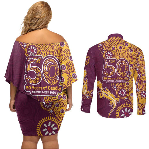 Brisbane Broncos NAIDOC Week 2026 Couples Matching Off Shoulder Short Dress and Long Sleeve Button Shirt Aboriginal Lizard Dot Painting - 50 Years of Deadly