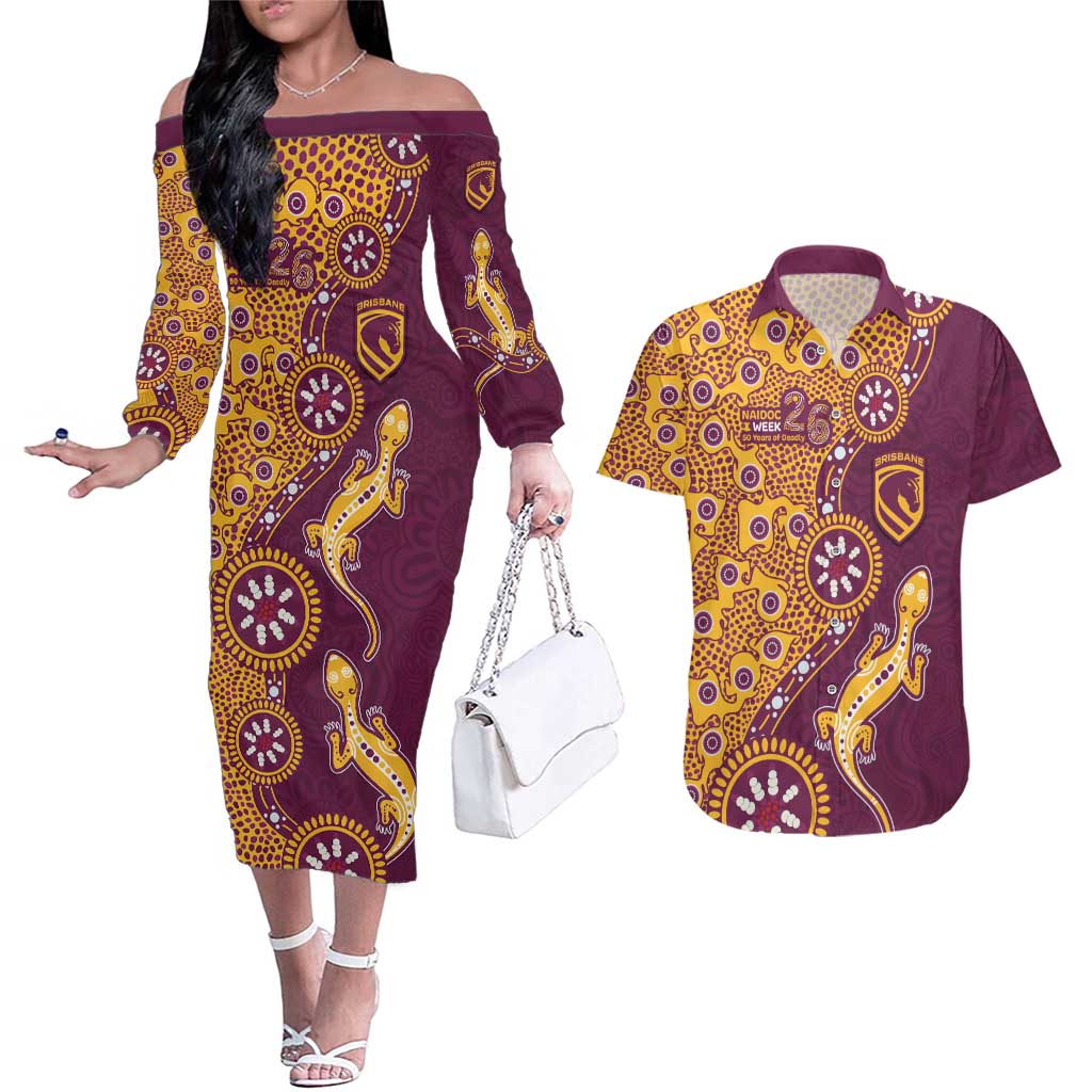 Brisbane Broncos NAIDOC Week 2026 Couples Matching Off The Shoulder Long Sleeve Dress and Hawaiian Shirt Aboriginal Lizard Dot Painting - 50 Years of Deadly
