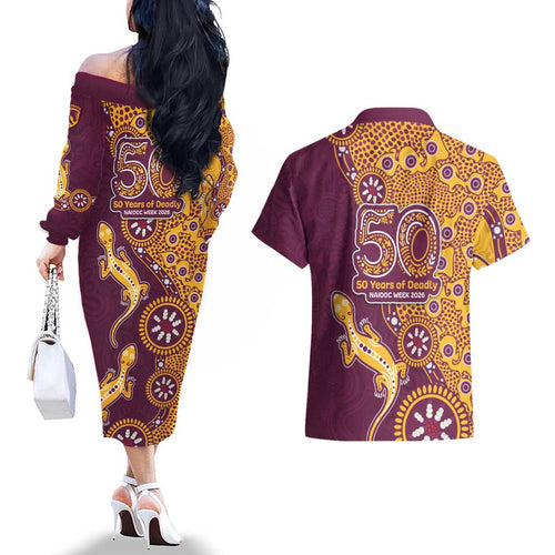 Brisbane Broncos NAIDOC Week 2026 Couples Matching Off The Shoulder Long Sleeve Dress and Hawaiian Shirt Aboriginal Lizard Dot Painting - 50 Years of Deadly