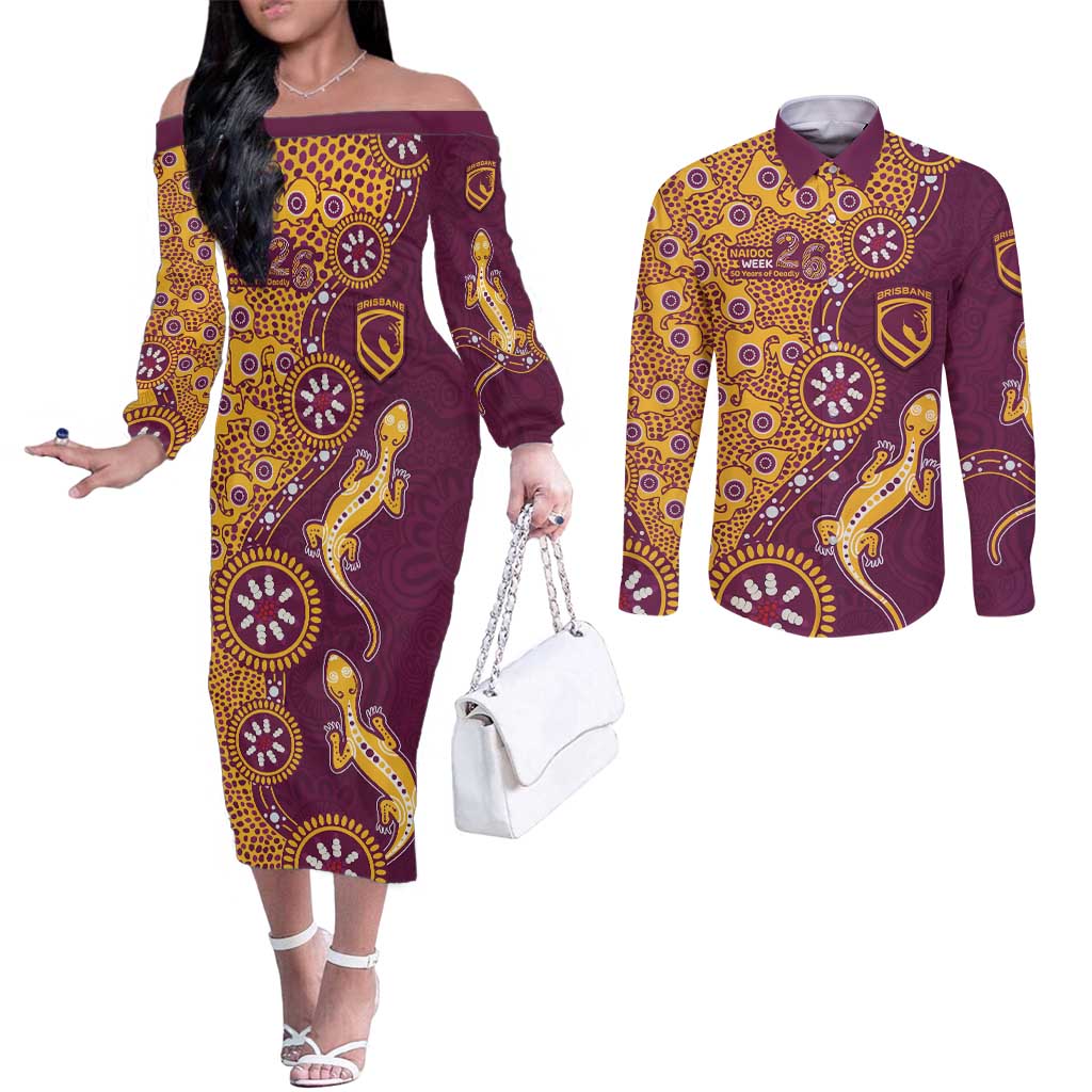 Brisbane Broncos NAIDOC Week 2026 Couples Matching Off The Shoulder Long Sleeve Dress and Long Sleeve Button Shirt Aboriginal Lizard Dot Painting - 50 Years of Deadly