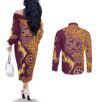 Brisbane Broncos NAIDOC Week 2026 Couples Matching Off The Shoulder Long Sleeve Dress and Long Sleeve Button Shirt Aboriginal Lizard Dot Painting - 50 Years of Deadly