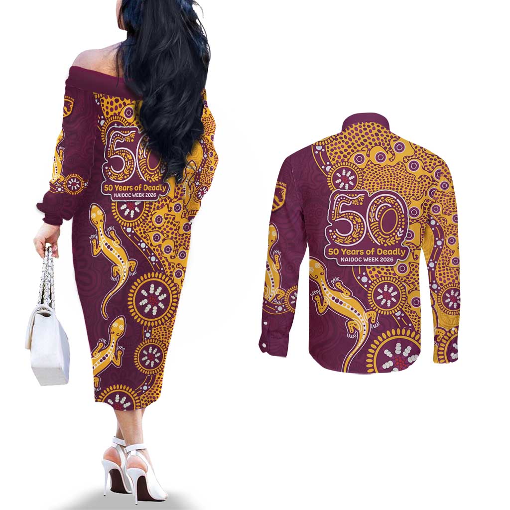 Brisbane Broncos NAIDOC Week 2026 Couples Matching Off The Shoulder Long Sleeve Dress and Long Sleeve Button Shirt Aboriginal Lizard Dot Painting - 50 Years of Deadly