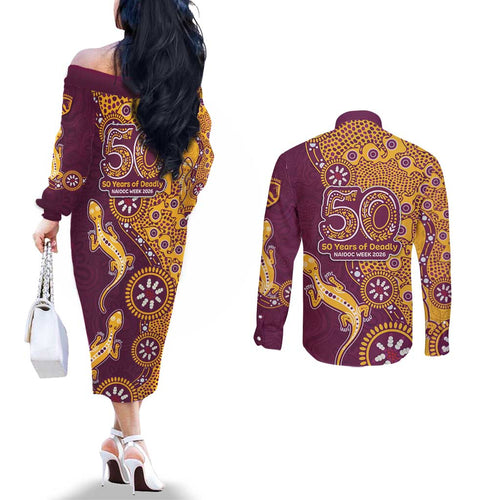 Brisbane Broncos NAIDOC Week 2026 Couples Matching Off The Shoulder Long Sleeve Dress and Long Sleeve Button Shirt Aboriginal Lizard Dot Painting - 50 Years of Deadly