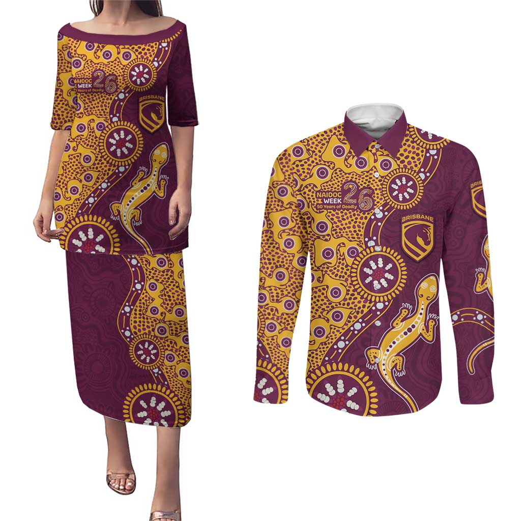Brisbane Broncos NAIDOC Week 2026 Couples Matching Puletasi and Long Sleeve Button Shirt Aboriginal Lizard Dot Painting - 50 Years of Deadly