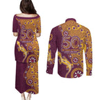 Brisbane Broncos NAIDOC Week 2026 Couples Matching Puletasi and Long Sleeve Button Shirt Aboriginal Lizard Dot Painting - 50 Years of Deadly