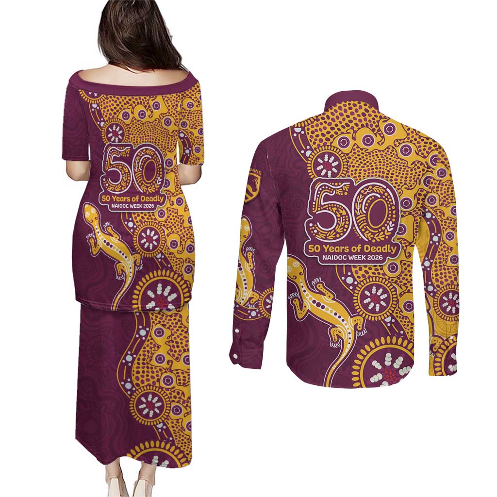 Brisbane Broncos NAIDOC Week 2026 Couples Matching Puletasi and Long Sleeve Button Shirt Aboriginal Lizard Dot Painting - 50 Years of Deadly